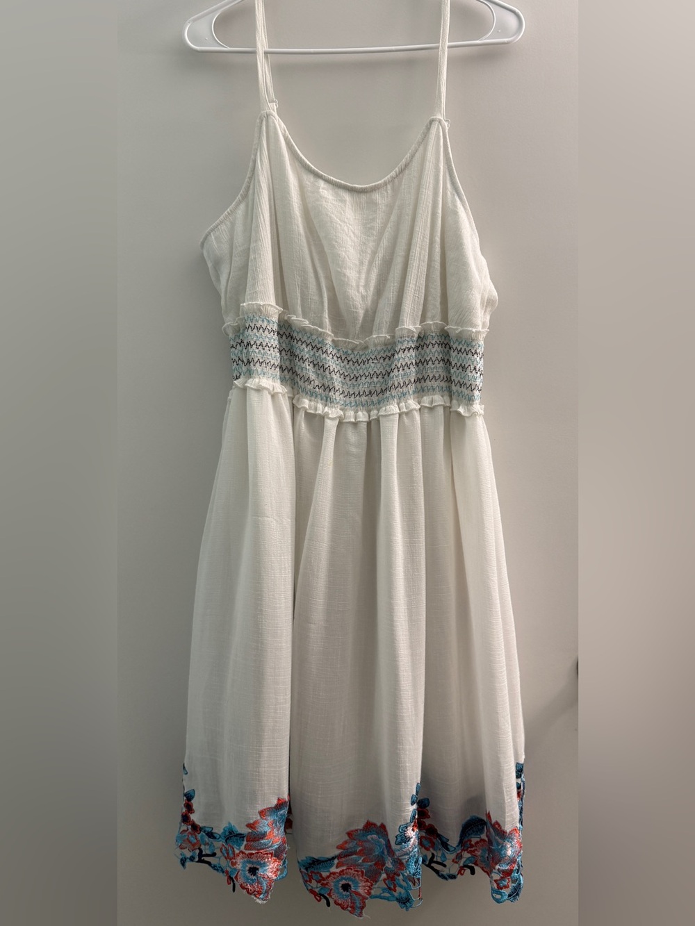 Avenue White Midi Dress with Blue & Red Floral Hem